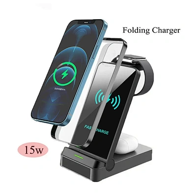 OEM Qi 15w Foldable Desk Multifunction Wireless Charger Stand Folding Wireless Charging Stand 3 in 1 Wireless Charger Station